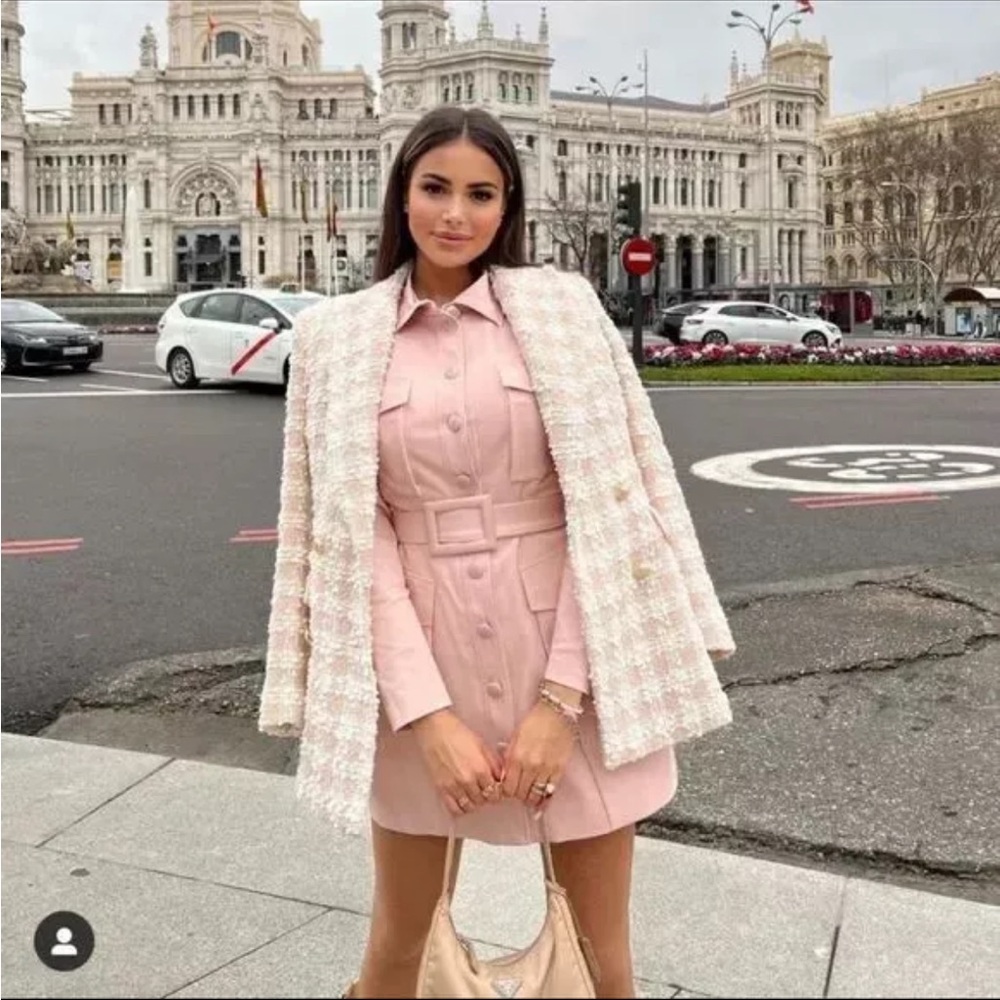 ZARA LIGHT PINK TEXTURED TWEED WEAVE DOUBLE BREASTED JACKET BLAZER SIZE L NEW